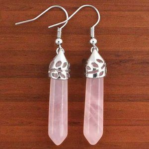 Rose Quartz Natural Stone Gemstone Hexagon Point Healing Stone Dangle Earrings